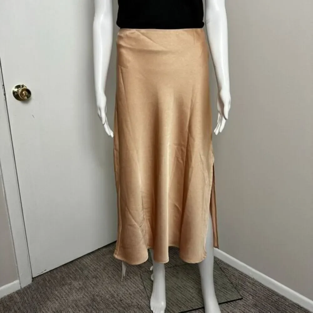 Commense Creamy Cappuccino Satin Midi Skirt with Side Slit Flowy A-Line Design L